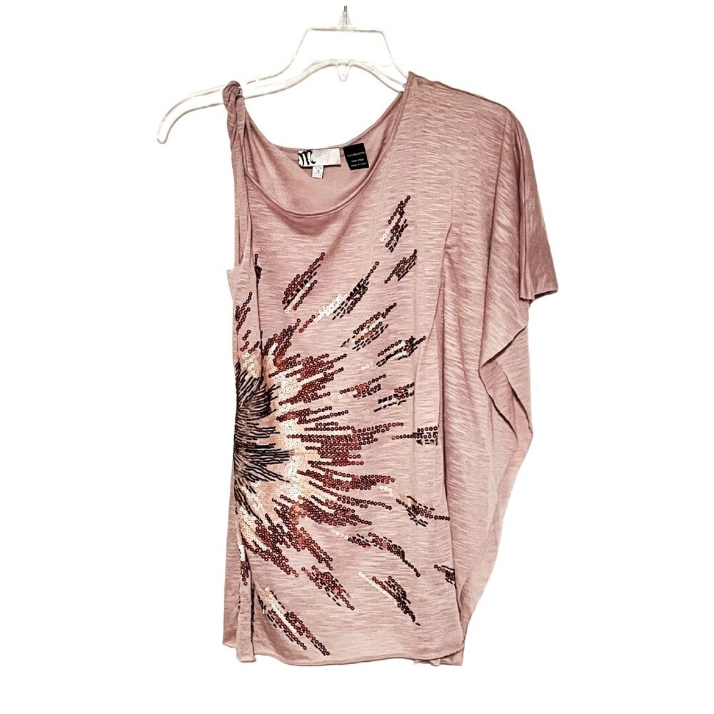 Miss Me Womens One Sleeve Flutter Sequin Sunburst Scoop Neck Top Blouse Sz Small